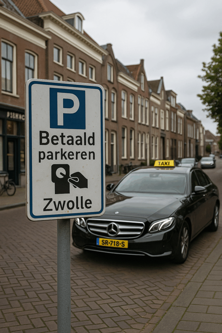 Parkeerautomaat en auto’s in Zwolle met een taxi bij een druk kruispunt
